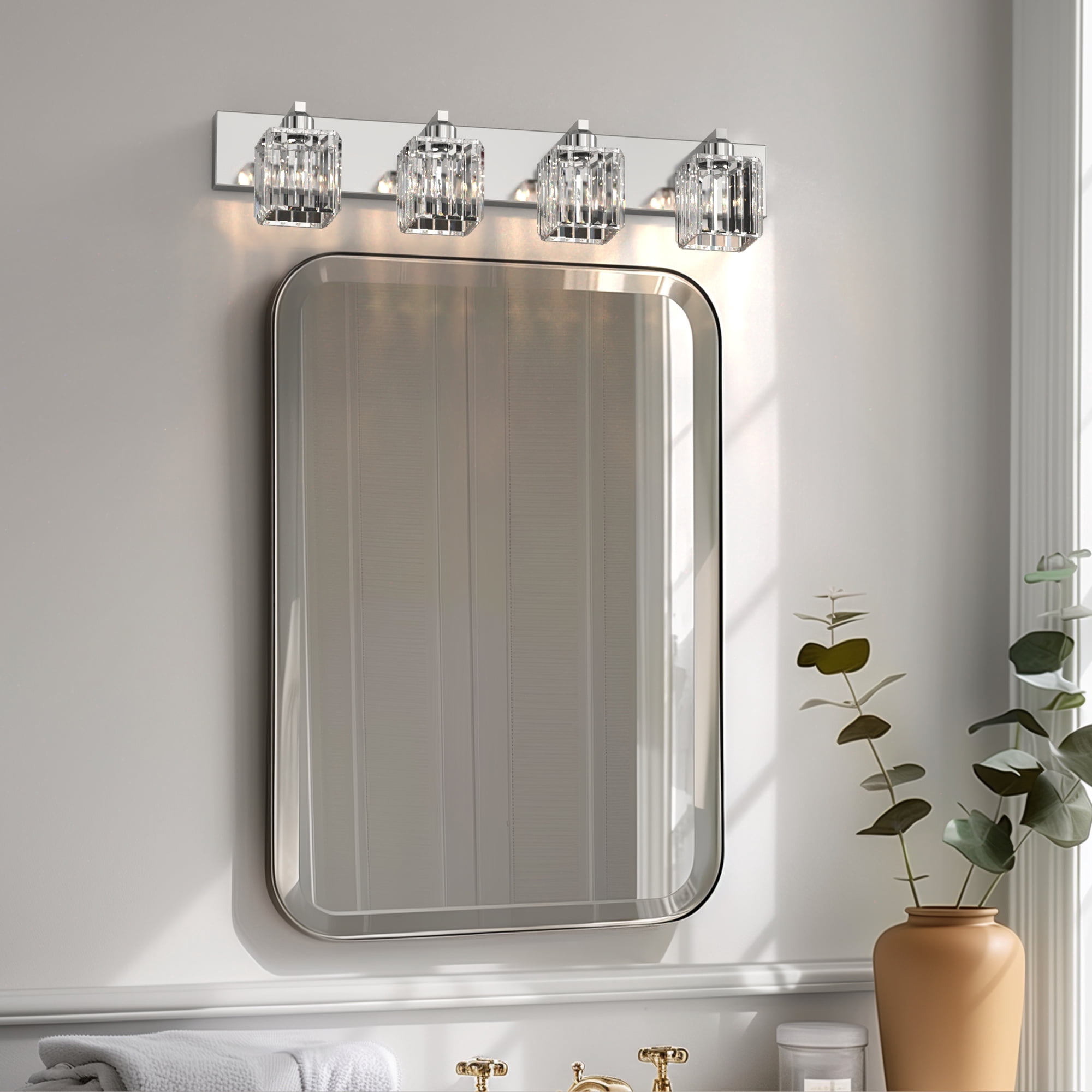 YANSUN 32.3-inch 4-Light Vanity Mirror Light with 3CCT, 20W Integrated LED, Crystal Glass Shade for Bathroom, Makeup Vanity
