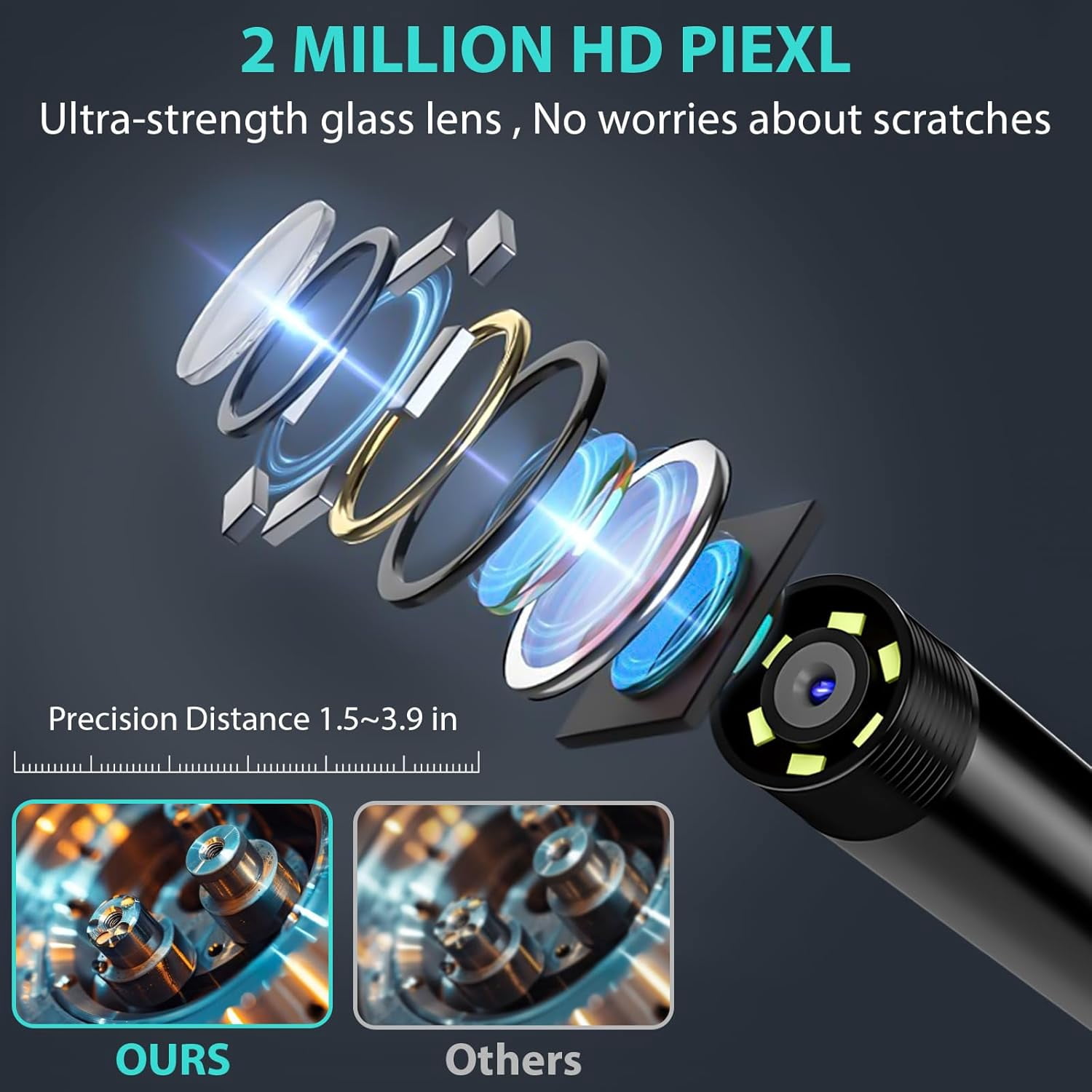 Endoscope Camera with Light, 1920P HD Borescope Inspection Camera, 16.4Ft Semi-Rigid Cord Scope Camera with 6 LED Lights, IP67 Waterproof Snake Camera for iPhone, Ipad, Android and Windows