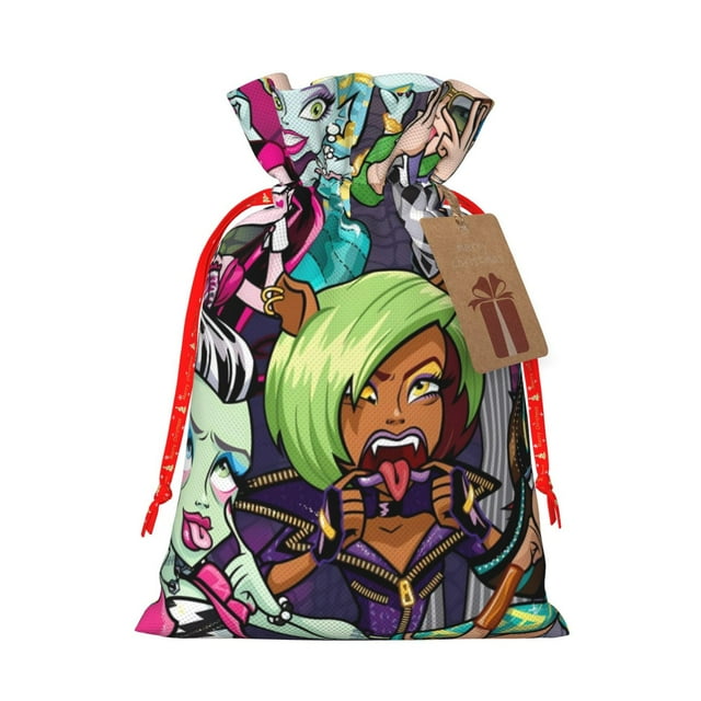 Pofeuu Monster High Print Christmas Gift Bag, Burlap Drawstring Pouch with Kraft Paper Card for Holiday, Party, and Birthday Wrapping-Medium