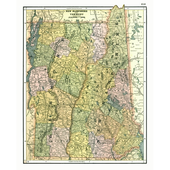 Historic State Map - New Hampshire Vermont - Johnson 1888 - 23 x 28.48 - Vintage Wall Art
