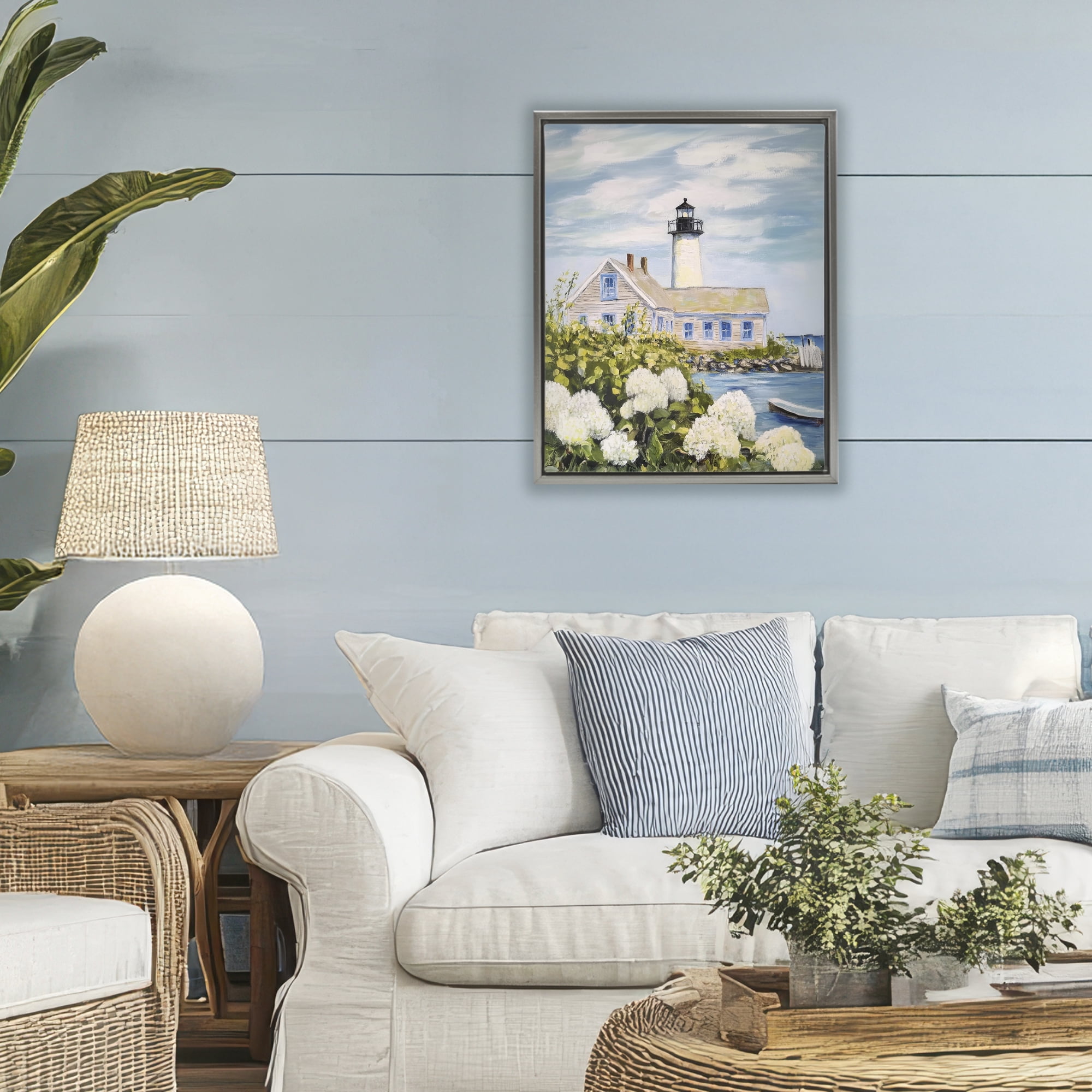 Stupell Industries Lighthouse Scenery with Hydrangeas Gray Framed Floater Canvas Wall Art, design by Sisi and Seb