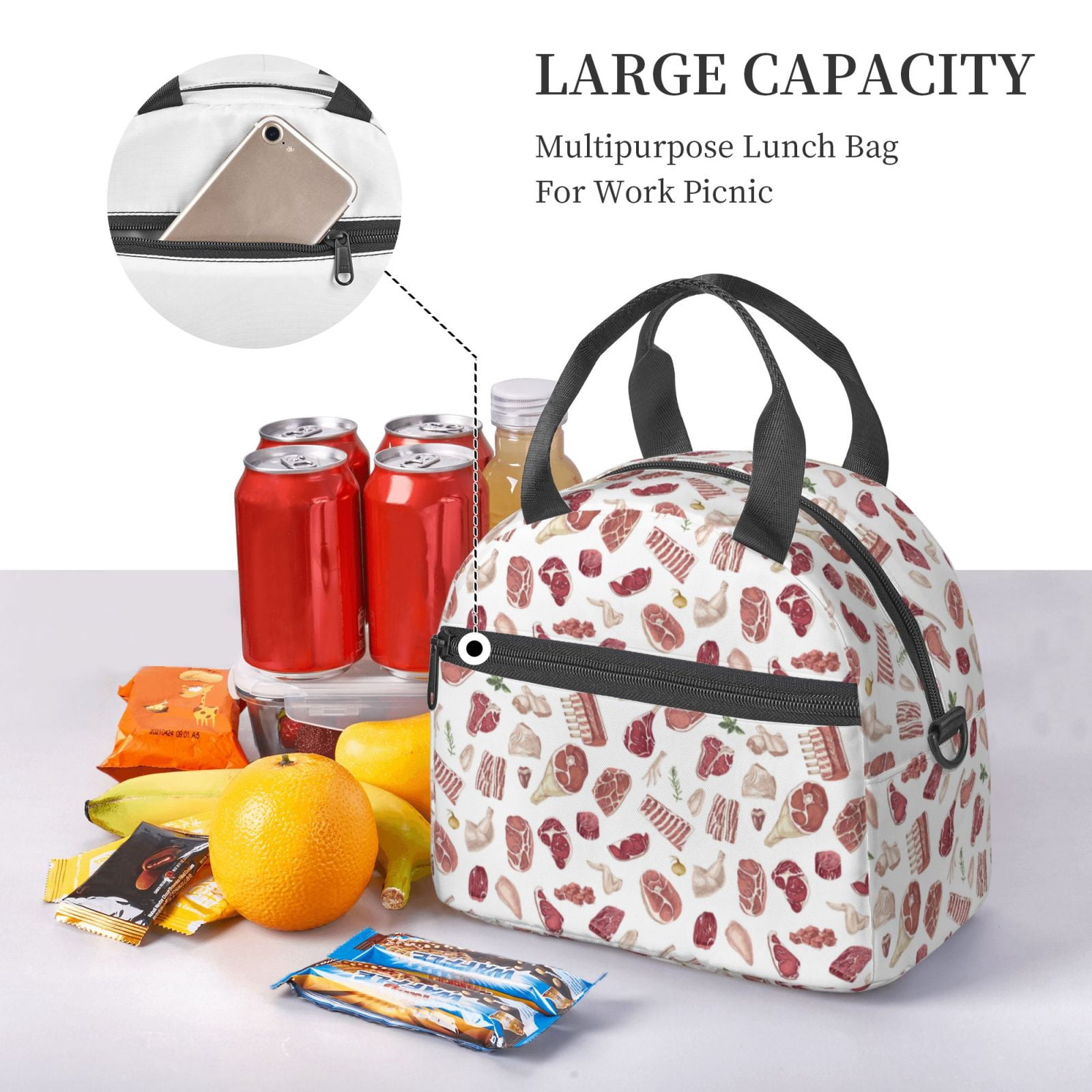 Xecao Different Meat Print Insulated Lunch Box, Lunch Cags Lunch Bag Featuring An Adjustable Shoulder Strap