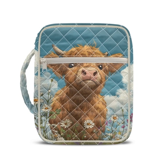 Xixirimido Bible Cover Case for Women Men, Large Bible Bag Bible Study Supplies Accessories Quilted Bible Carrying Cases with Handle Christian Gift Highland Cattle Daisy Blue Sky Pattern