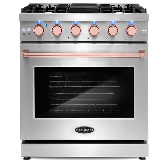 Cosmo 30 in. 4.5 cu. ft. Gas Range, 5 Sealed Burners, Convection Oven, Knob LED Lights, Stainless Steel, Rose Gold Handle Knob Kit
