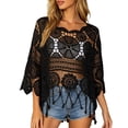 thumbnail image 3 of Women's Plain Fringe Trim Cut Out Sheer Cover Up Boho Scallop Trim 3/4 Sleeve Round Neck Crochet Cover Up Tops Beach Vacation, 3 of 11