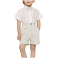 thumbnail image 2 of MKOSPLRT 2-13 Years Boys' 4-Piece Formal Suit Set Short Sleeve Lapel Shirt + Bow Tie + Suspenders + Dress Pants Lightweight Summer Wedding Outfit, 2 of 8