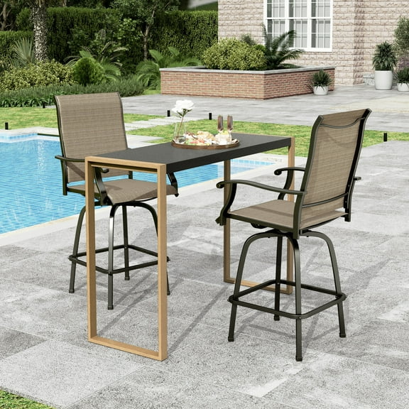 Sophia & William 3PCS Patio Outdoor Bar Set Txtilene Bar Height Swivel Stools & Table Furniture Bistro Set, Brown