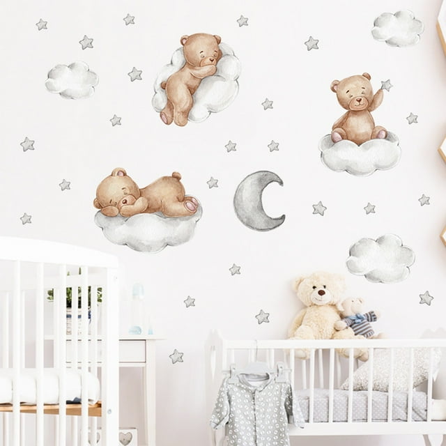Bear Sleeping on The Moon Cloud Wall Decals, Baby Nursey Wall Stickers