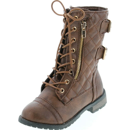 Link Mango79K Tan Childrens Girls Mid Calf Quilted Back Buckle Lace Up Combat Boots