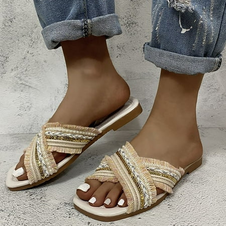 

Women s Fashion Sequined Cross Open Toe Colorblock Flat Slippers