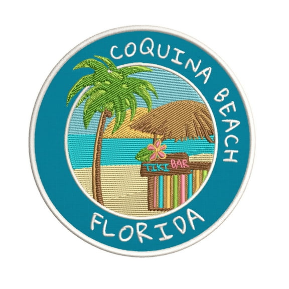 Happy Hour! Coquina Beach, Florida 3.5 Inch Iron Or Sew On Embroidered Fabric Badge Patch Ocean Beach, Salt Life Iconic Series