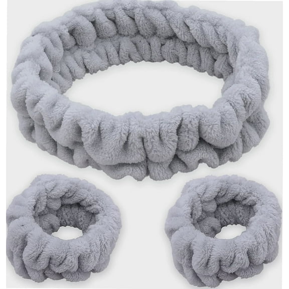 Spa Headband for Washing Face and Matching Wristbands, Teen Girls Fuzzy Skincare Headbands, Kids Soft Facial Makeup Head Band, Shower Skin Care Girl Hair Sleepover Party Supplies (Gray)