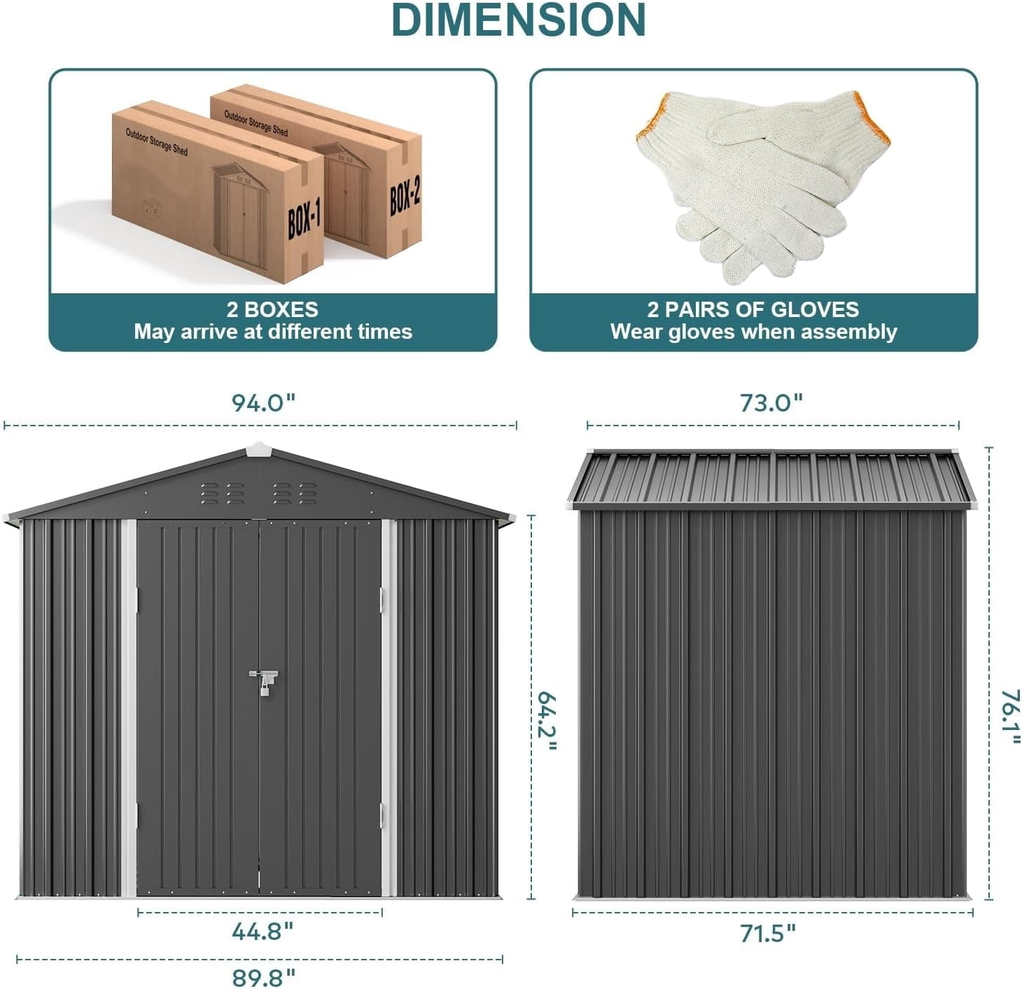 Asofer 8×6 FT Galvanized Metal Storage Shed, Lockable Double Door, Weatherproof Outdoor Garden Shed, Dark Grey