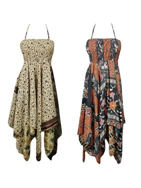 Mogul Lot Of 2 Womens Vintage Sari Dress Recycled Handkerchief Hem Halter Summer Style Printed Gypsy Hippie Chic Sundress XS