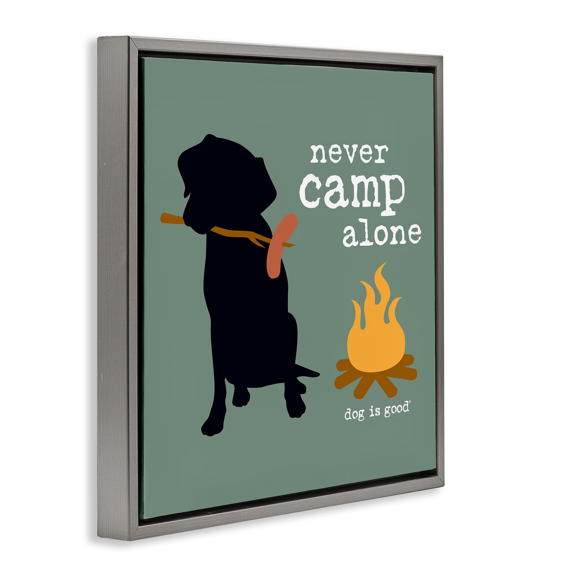 Stupell Industries Never Camp Alone Dog Animals Painting Gray Floater Framed Canvas Art Print Wall Art, 25 x 25