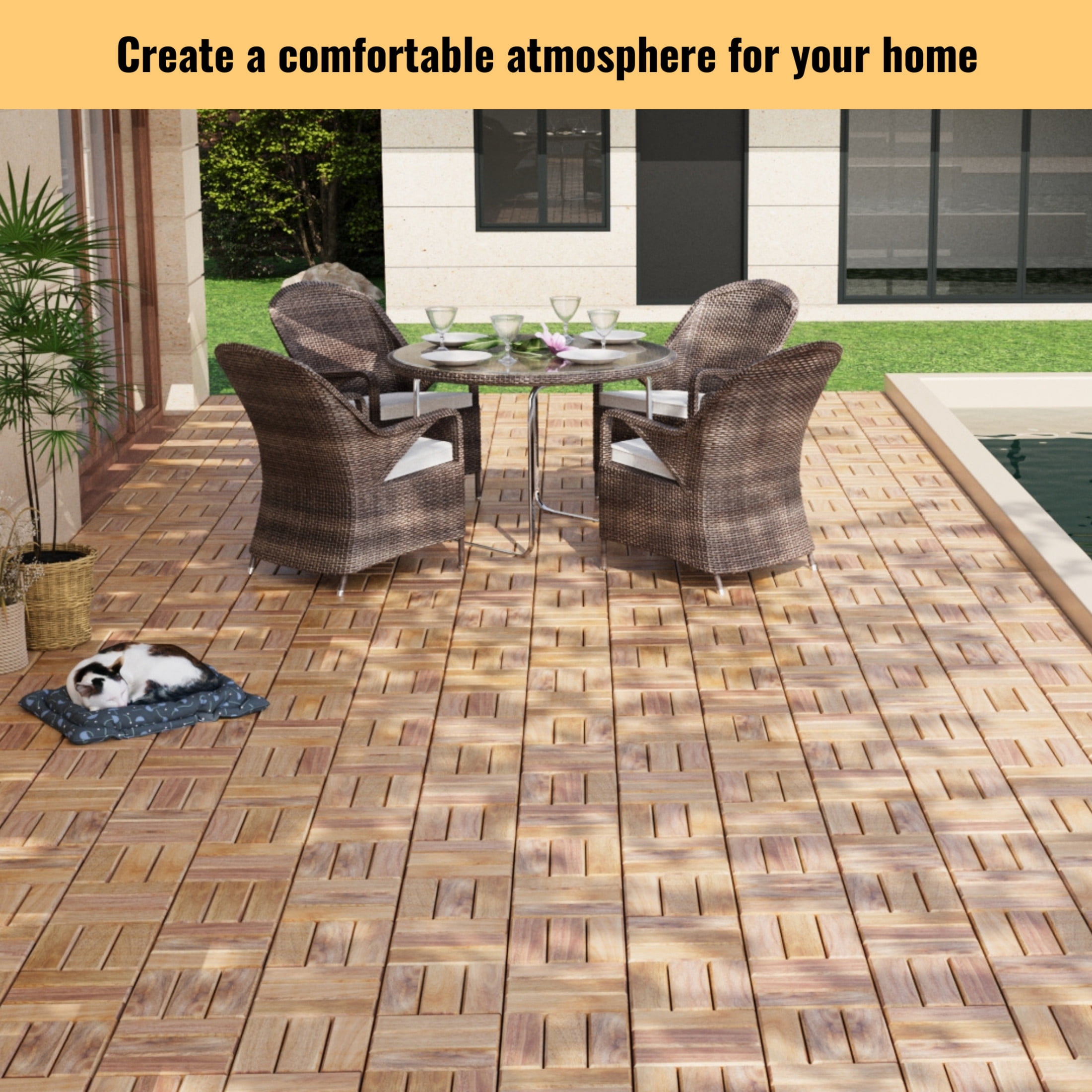 Noble House 12" Checker Acacia Wood Interlocking Deck Tiles, All-Weather Square Hardwood Floor, Yellow, 20 PCS