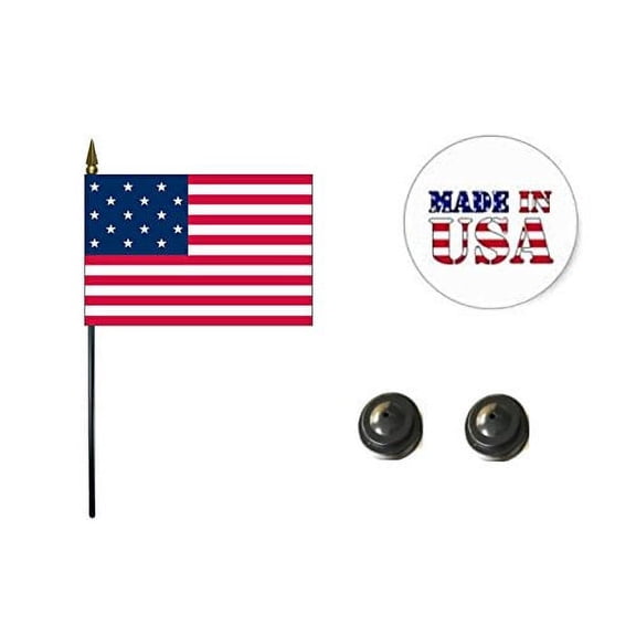 Made in the USA. 2 Historical 15-Star American 4"x6" Miniature Desk & Table Flags Includes 2 Flag Stands & 2 Historical 15-star, 15-stripe Star Spangled Banner Small Mini Stick Flags
