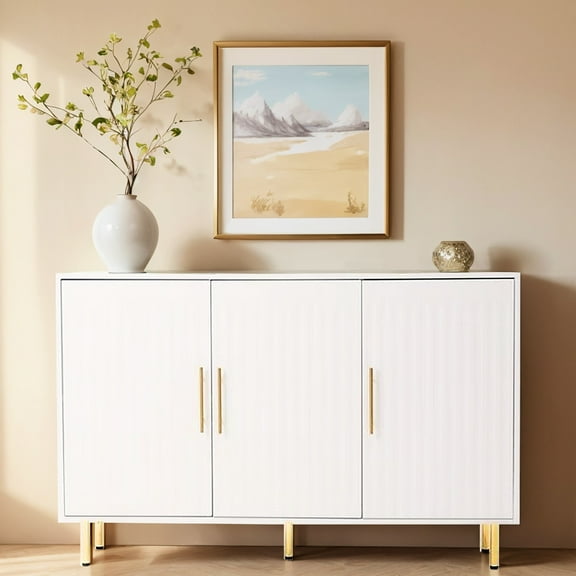 54.29" W Sideboard Cabinet In White. 3 Doors With Gold Handles. For Dining, Living, Kitchen. Fluted Design White Buffet And Storage For Various Spaces. Door