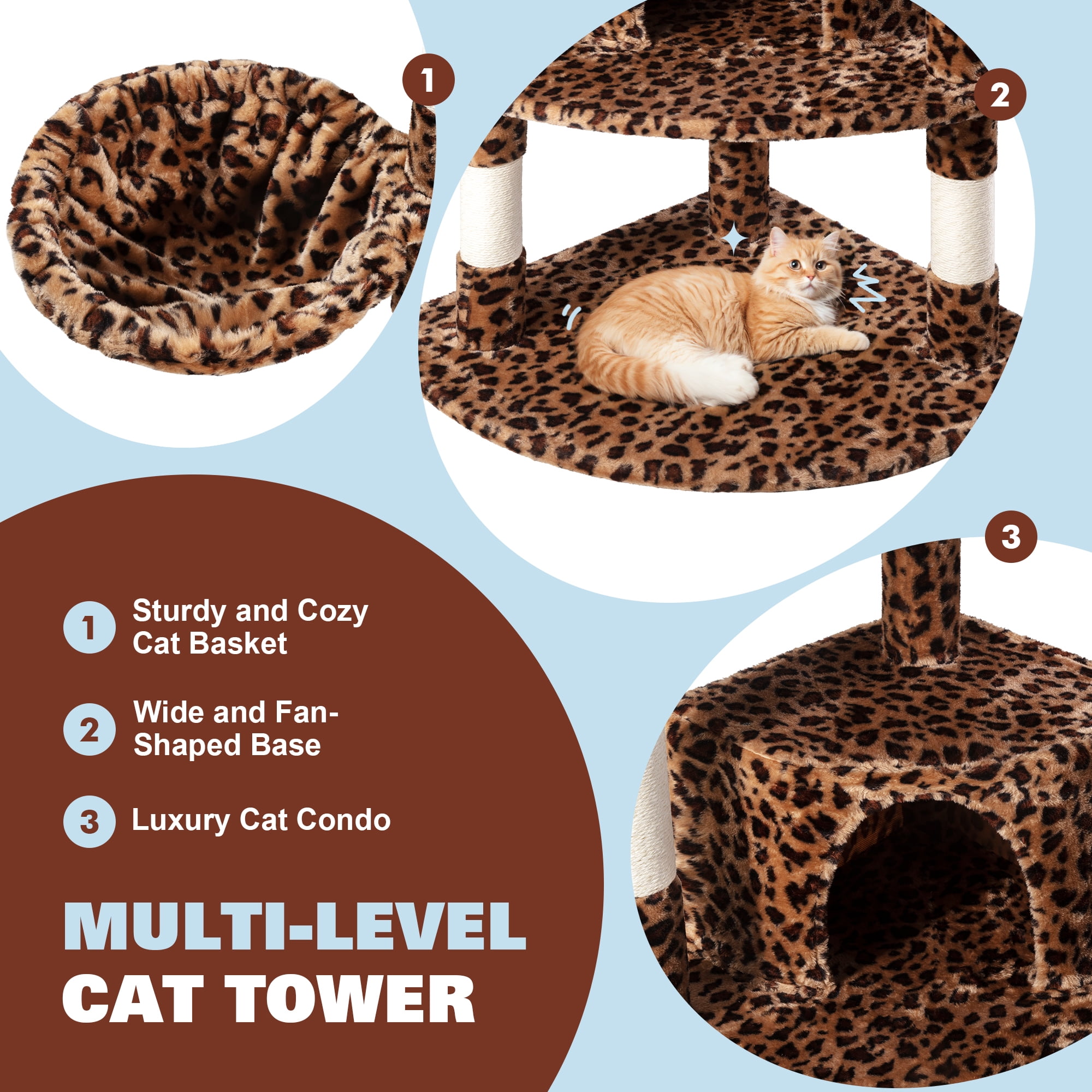 Amolife 73.6" Extra Large Corner Cat Tree, Fan-Shaped Tower with Scratching Posts & Condo House for Indoor Cats, Leopard Print