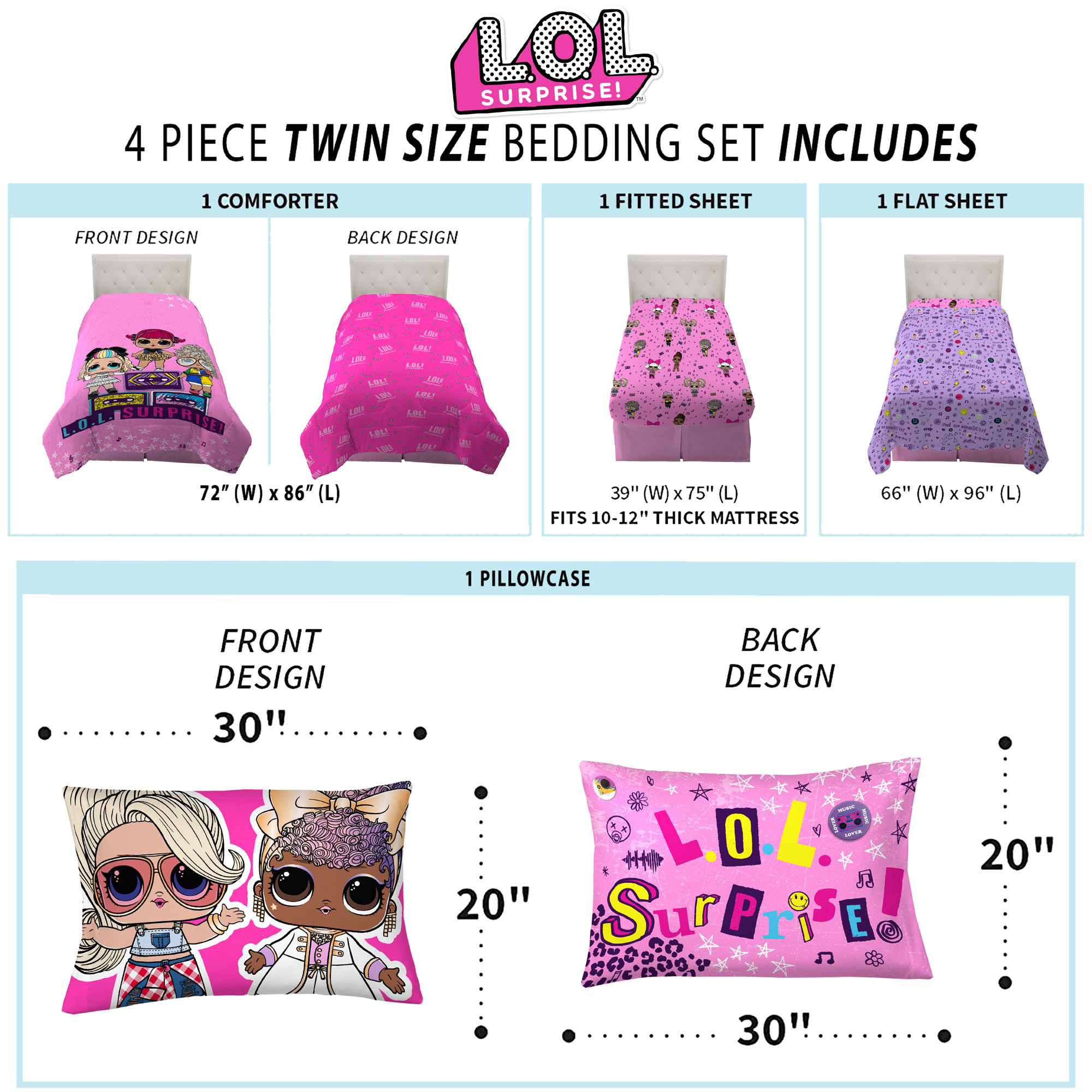 LOL Surprise Kids Twin Bed in a Bag, Comforter and Sheets, Pink, MGA