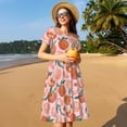 thumbnail image 4 of Gukieu Painting Peach Print Women's Short Sleeve Dress, Elastic Waistband A-line with Pockets Summer Dress, Suitable for Daily Leisure, Work, Vacation, 4 of 6