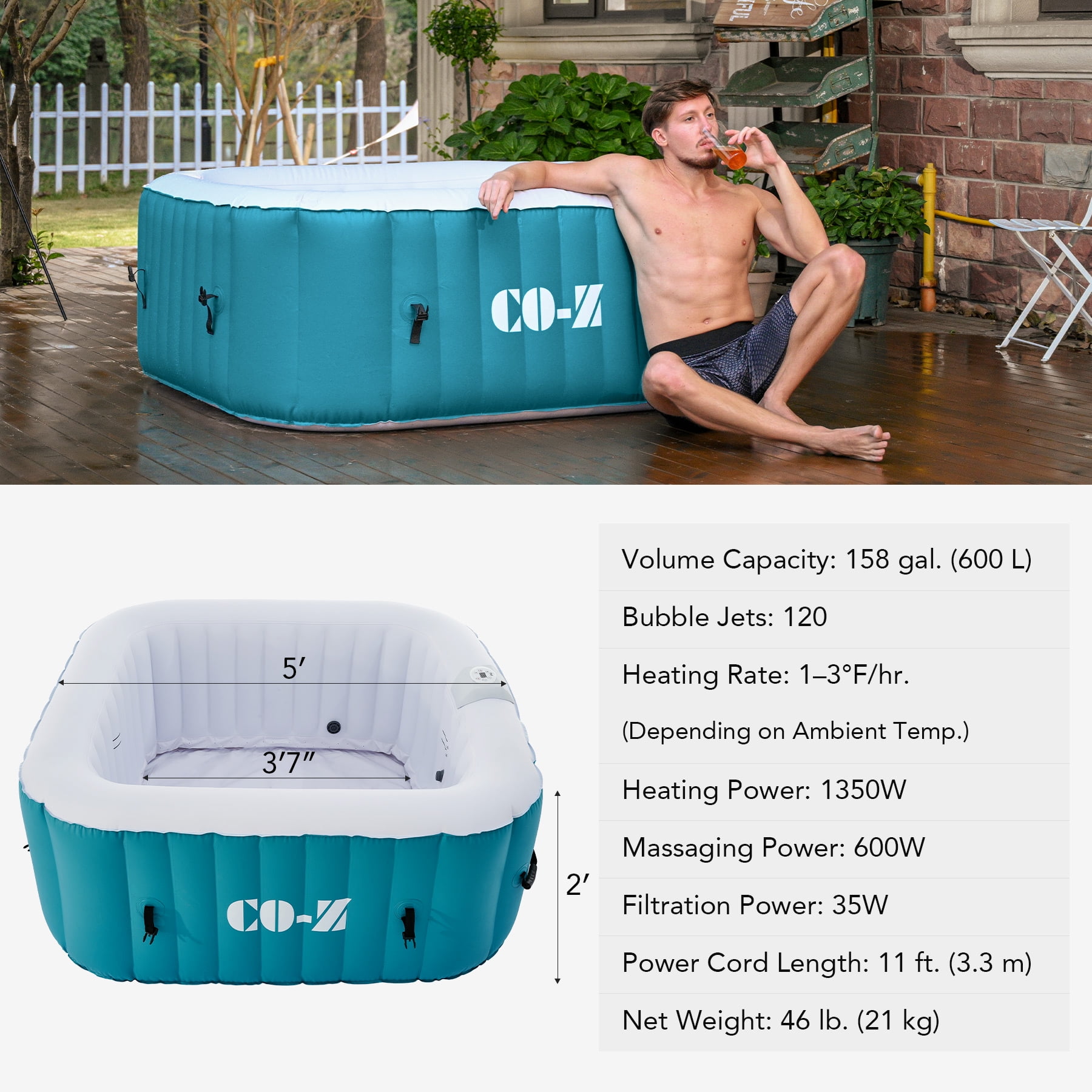 CO-Z  Inflatable Hot Tub 5ft Indoor Outdoor Spa with 120 Jets Heater Cover Pump Teal For 2-4 Person