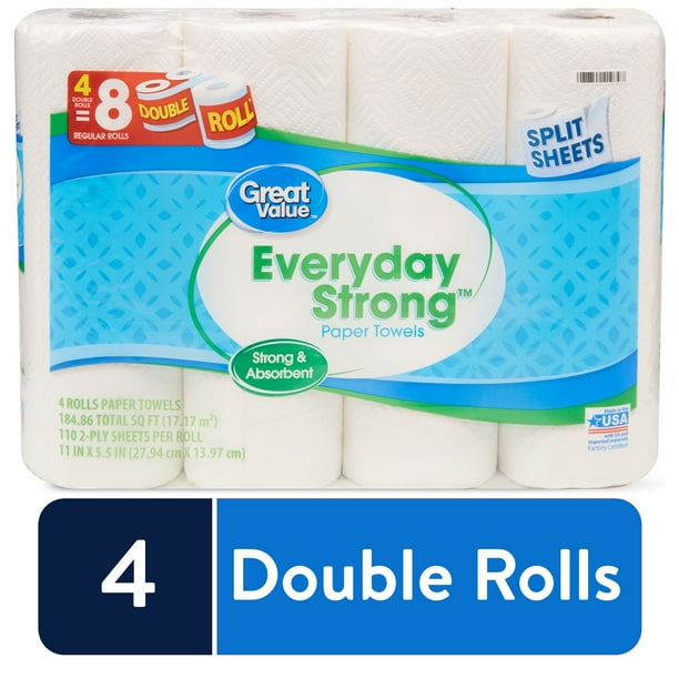 Great Value Everyday Strong Paper Towels, Split Sheet, 4 Double Rolls