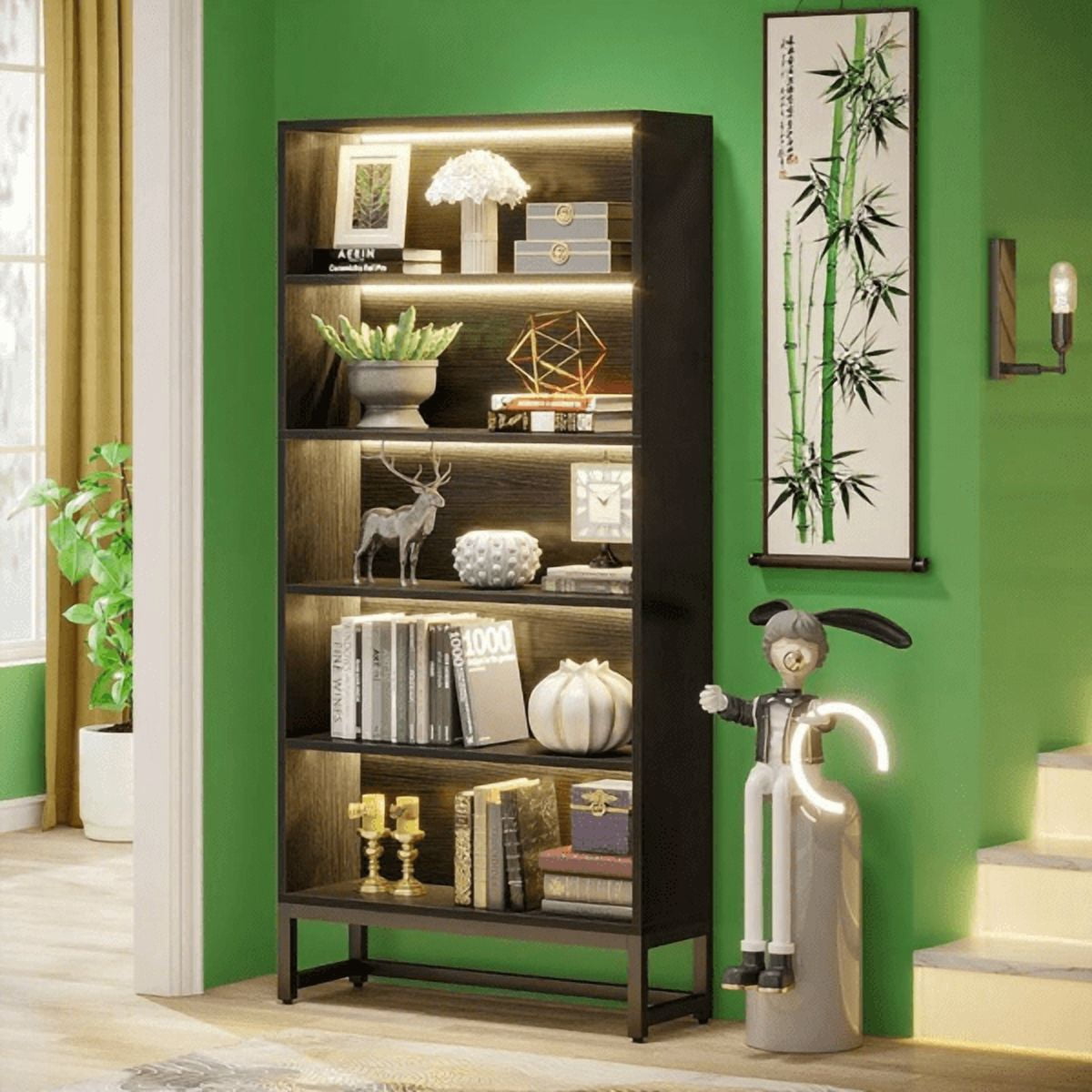 5-Tier Tall Bookshelf with LED Lighting - 529lb Capacity, Anti-Tip Kit & Adjustable Feet, for Living Room/Home Office/Library