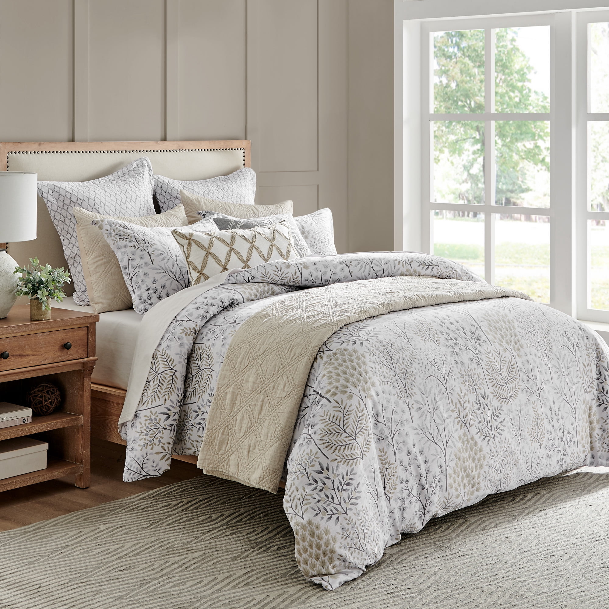 Levtex Home - English Forest Comforter Set - Full/Queen Comforter (90 x 94in.) + Two Standard Pillow Cases (26 x 20in.) - Leaves - Grey, Green, Charcoal, Off-White - Cotton