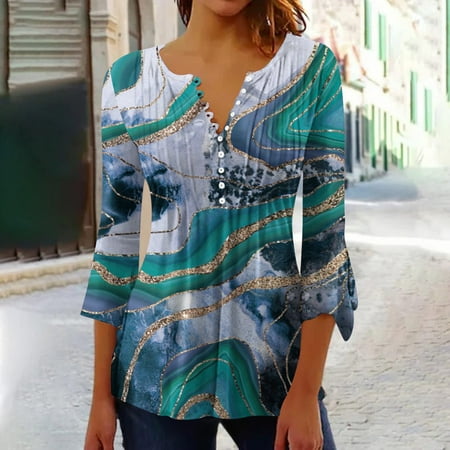 

Lenago Plus Size Blouse for Women Casual Trumpet 3/4 Sleeve Printed Buttoned Basic Ruched Corset Tunic Tops Pleated T-shirts Blouses Casual Summer Tops Summer Savings Clearance
