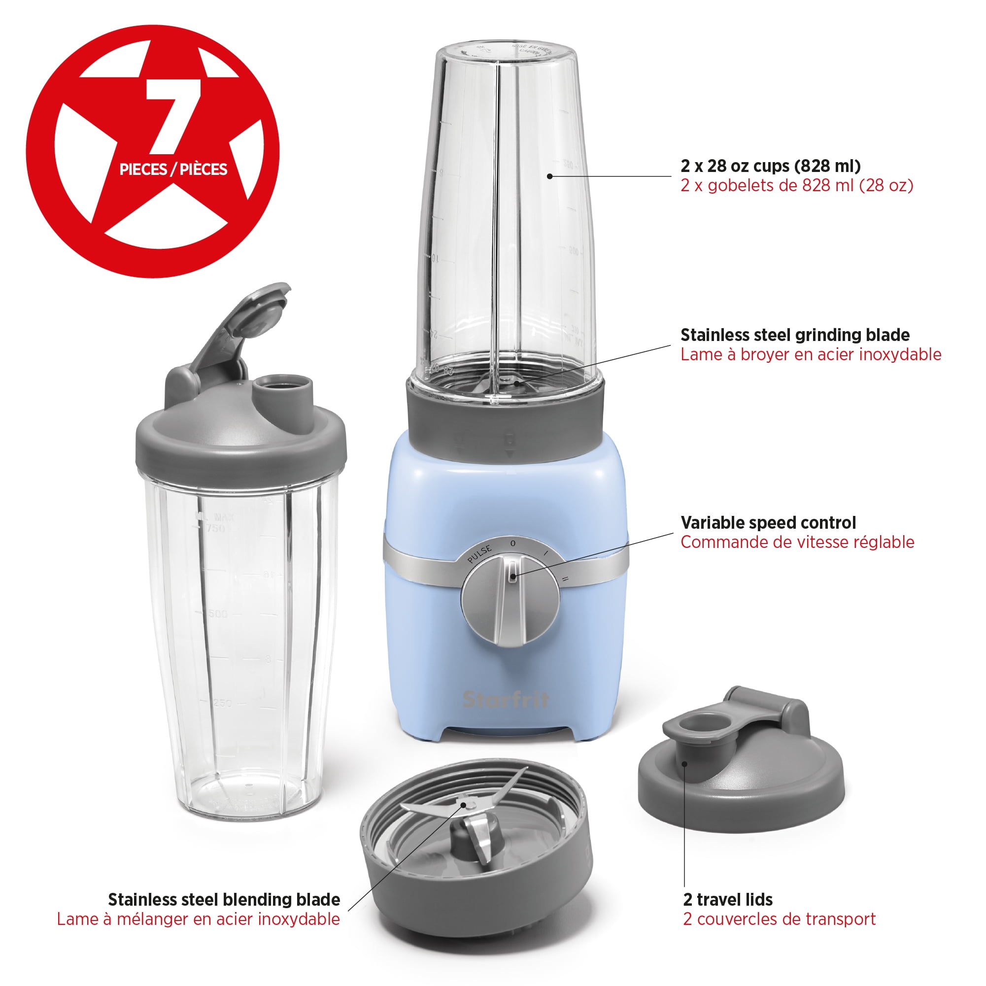 Starfrit Mélangeur Personnel 7 pièces : 2 gobelets de 828 ml (28 oz), 2 couvercles de voyage, 2 lames, 3 vitesses : Faible, Élevée et Pulse, 300 W Préparez smoothies, shakes et soupes facilement ! Le mixeur personnel Starfrit offre 300W, 3 vitesses, 2 gobelets avec couvercles et des fonctions de sécurité. Pièces lavables au lave-vaisselle et sans BPA pour un usage sûr et pratique.