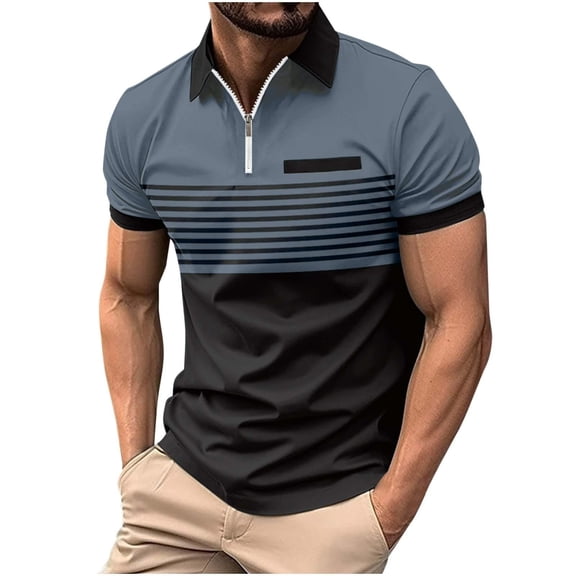 Zekutng Men's T-Shirts Striped Color-Blocked Short-Sleeve Shirt with Pockets, Zipper, and Lapel,Sizes S-3XL