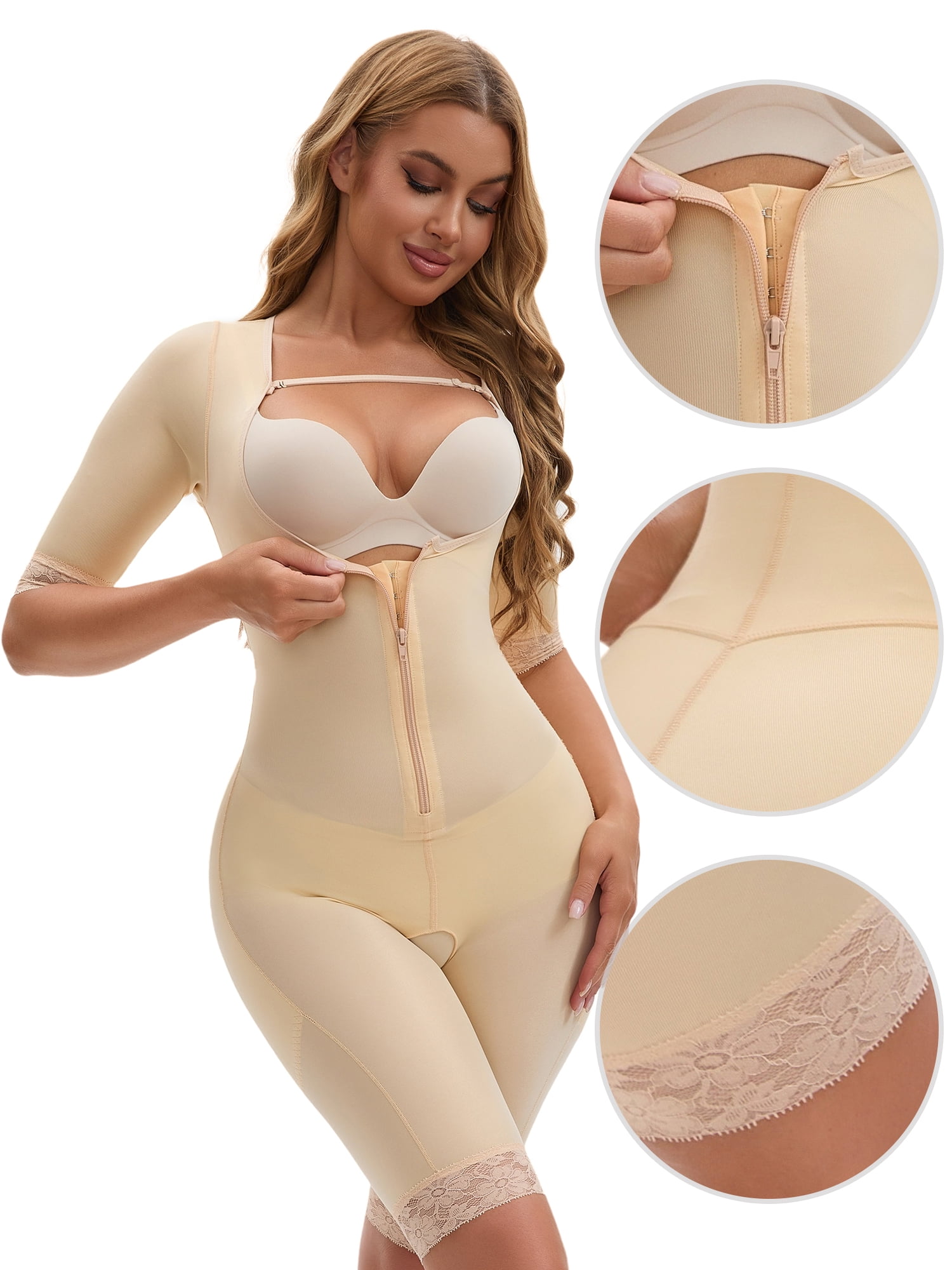 Unique Bargains Women's Lace Trimmed Hourglass Body Shapewear L Beige