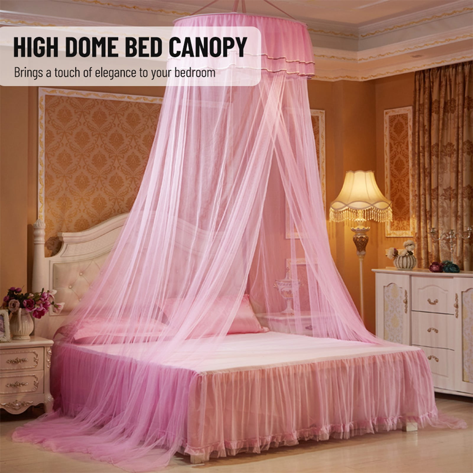 LAZIOEGR Elegant Dome Bed Canopy Fine Mesh Single Entrance Bed Net for 47.2 to 70.8 inches / 1.2 to 1.8 m Bed Romantic Princess Style Bedroom Decoration Pink