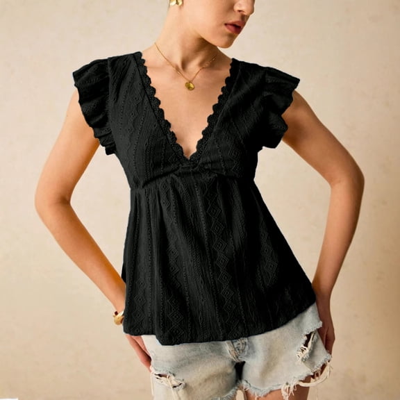 Women's Peplum Blouse Tops Going Out Summer Lace Trimmed Top V Neck Ruffled Sleeve Flared Eyelet Shirts Black L