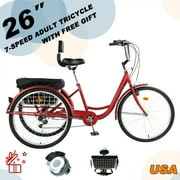 TUOKE Versatile 26-Inch 3-Wheel Adult Tricycle with 7-Speed Transmission and storage Basket for Ultimate Convenience and Utility (RED)