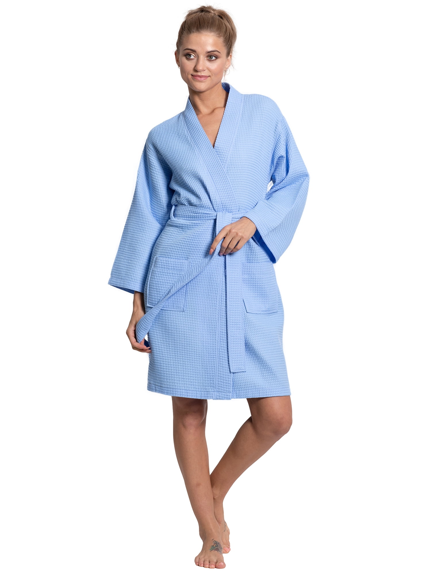 Turkuoise Linen Lightweight Knee Length Waffle Kimono Bath and Spa Robe ...
