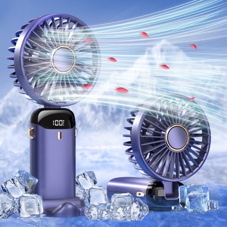 

Handheld Fan Rechargeable GIUGT Personal Fan 5000mAh Dual Batteries 5 Levels Strong Wind Foldable Mini Neck Fan with Phone Stand Base Low-Noise Portable Hand Held Fan with LED Screen Purple
