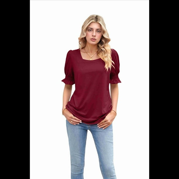 Tops para Mujer, Camisetas Informales de Verano con Volantes y Cuello Cuadrado, Vino Tinto XL
