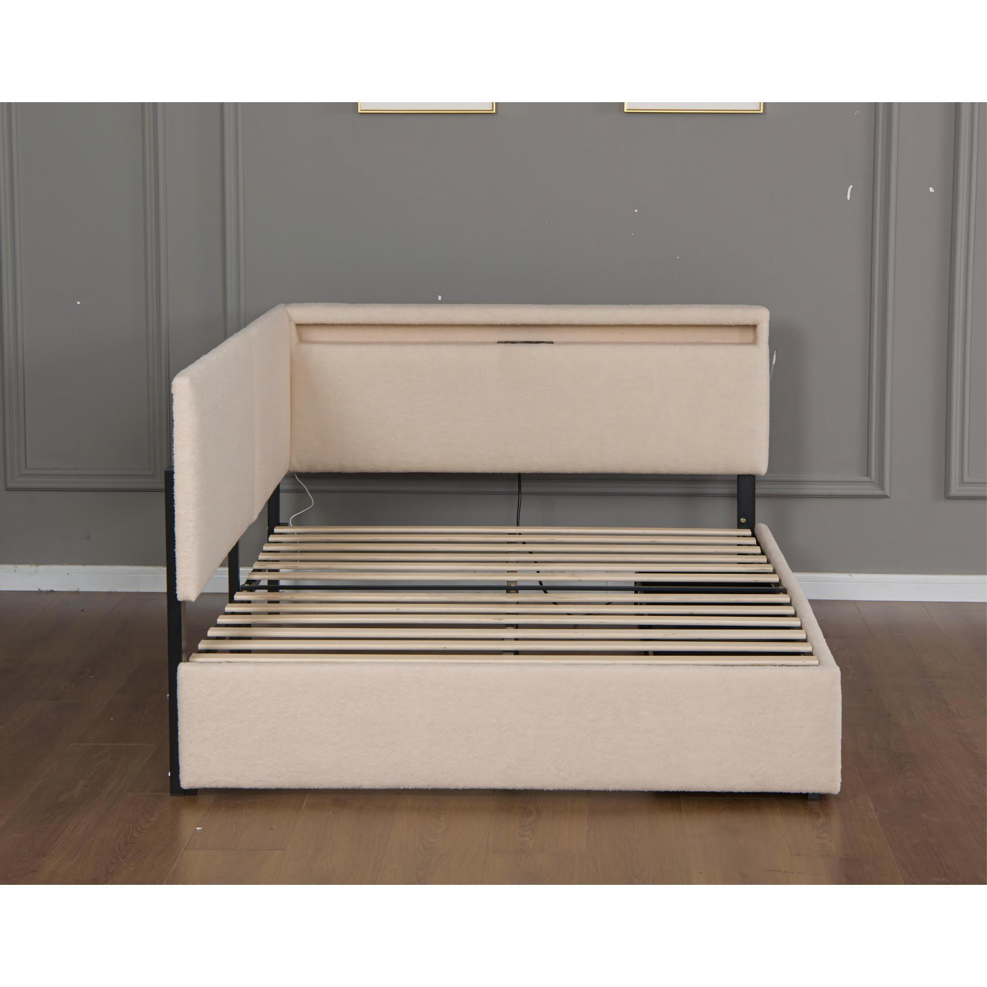 Leumius Full Size Boucle Daybed Frame, Upholstered Cloud Bed Frame with Headboard, 2 Storage Drawers, LED light and USB Charging Design, Solid Wood Legs and Slats for Bedroom Guest Room Beige
