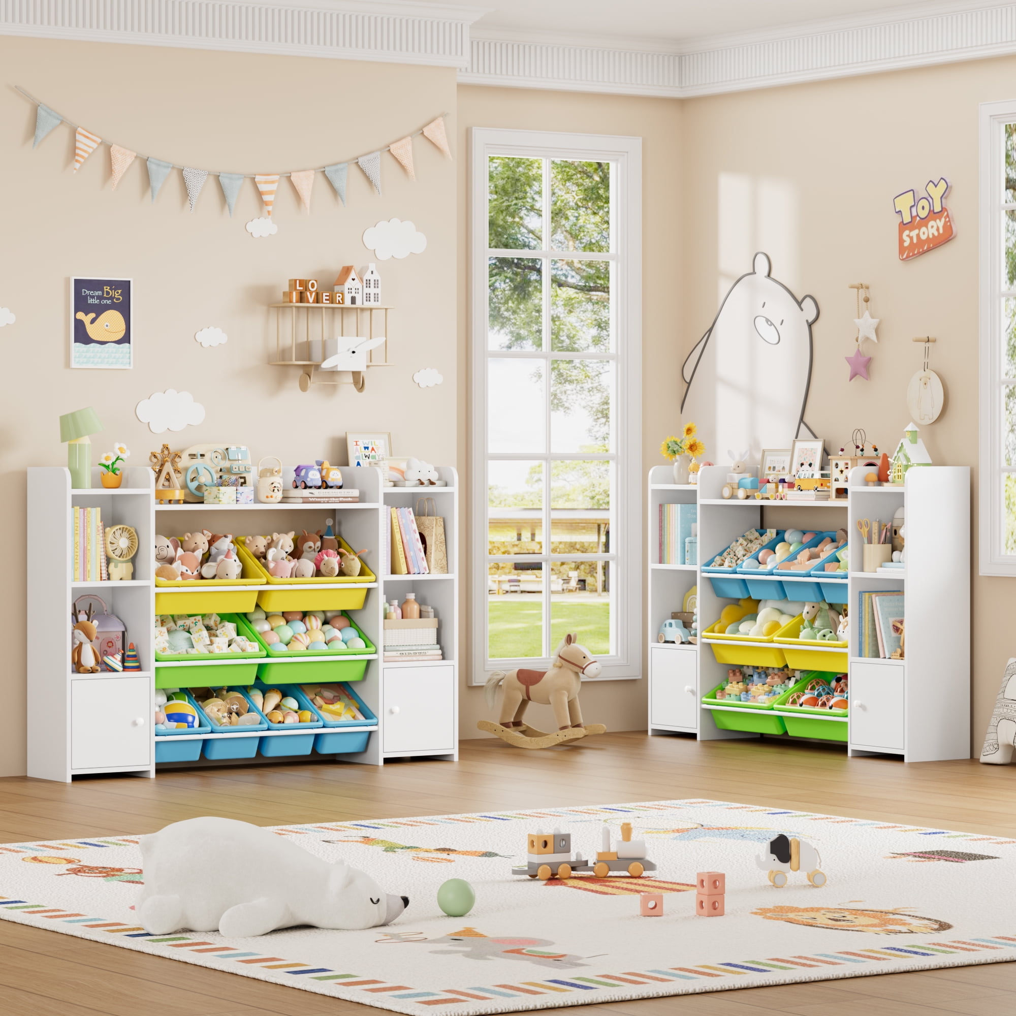 Homfa Kids Toy Organization Cubby Bookcase with 8 Bin, 2 Door White Storage Organizer Bookshelf for Children Room Playroom