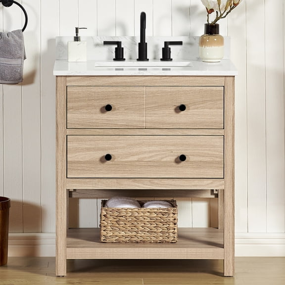 Encino 30" Single Bathroom Vanity. Carrara White Quartz Top with Sink & Backsplash. 31" W x 22" D x 34.5" H. Light Oak. MDF. Pre-Assembleb. 2 Soft-Closing Drawers. 1 Shelf. Adjustable Feet