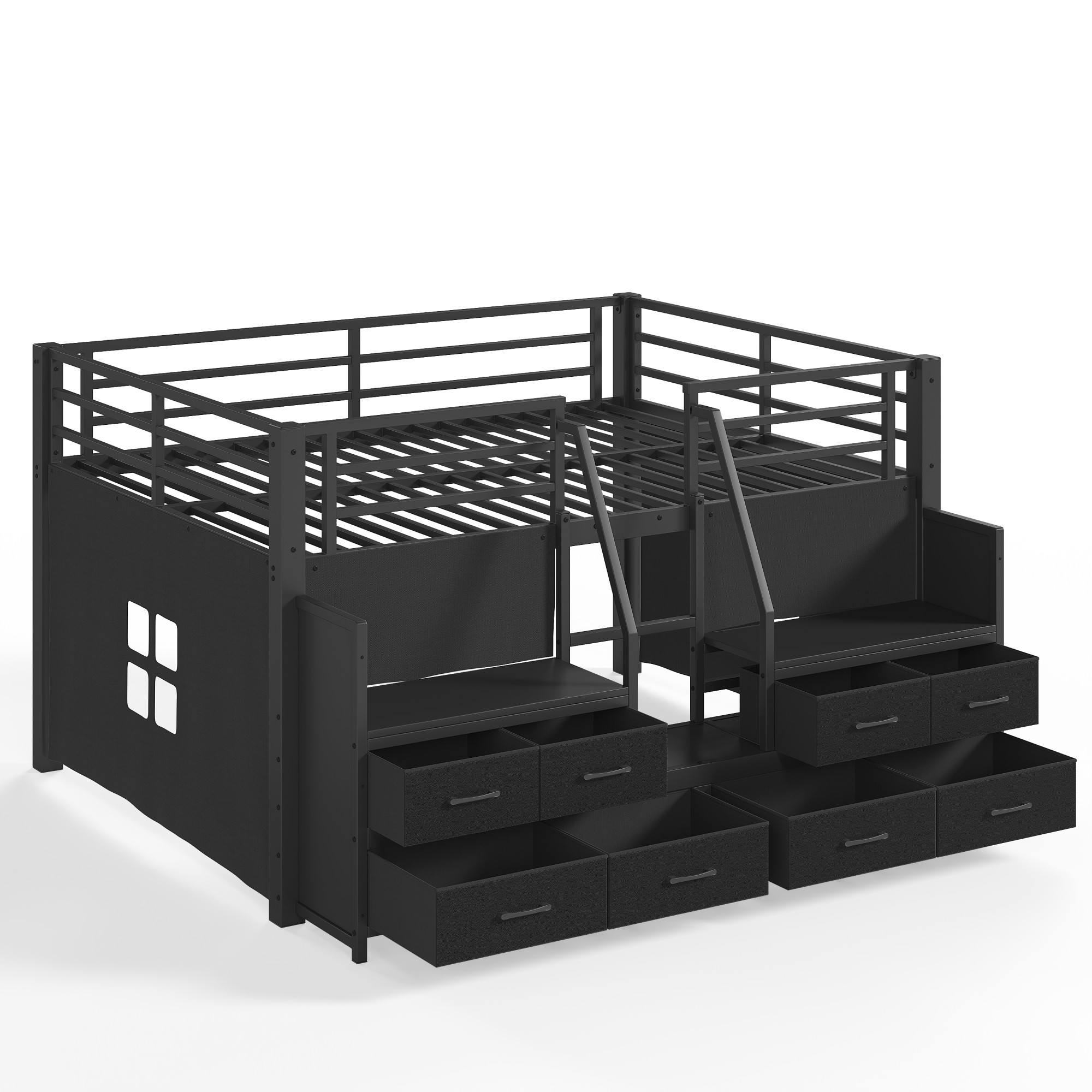 Aukfa Full Size Loft Bed with 8 Storage Drawers, Shelves & LED Lights, Metal Low Loft Bed for Kids Bedroom, Black