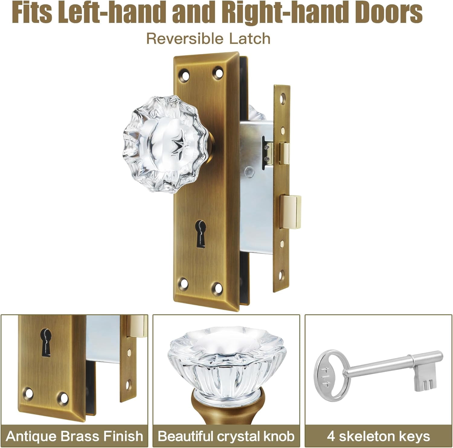 Upgraded Mortise Lock Set for Interior Door, Antique Brass Crystal Glass Door Knobs with Lock and Skeleton Key, Old Style Door Knobs Reversible for Left & Right Handed Door