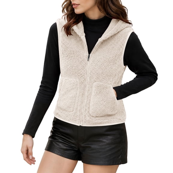 Women Hooded Fleece Vest Zip up Sleeveless Cropped Fuzzy Waistcoat Casual Fall Winter Loungewear Gilet Outerwear with Pockets White M
