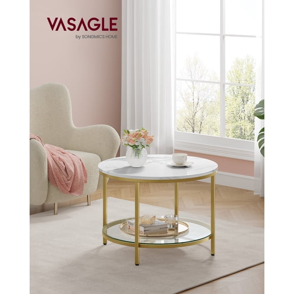 VASAGLE Round Coffee Table, 2-Tier Small Coffee Table with Faux Marble Top and Glass Shelf, Modern Style, for Living Room, 25.6 x 25.6 x 18.1 Inches, Marble White and Pale Gold