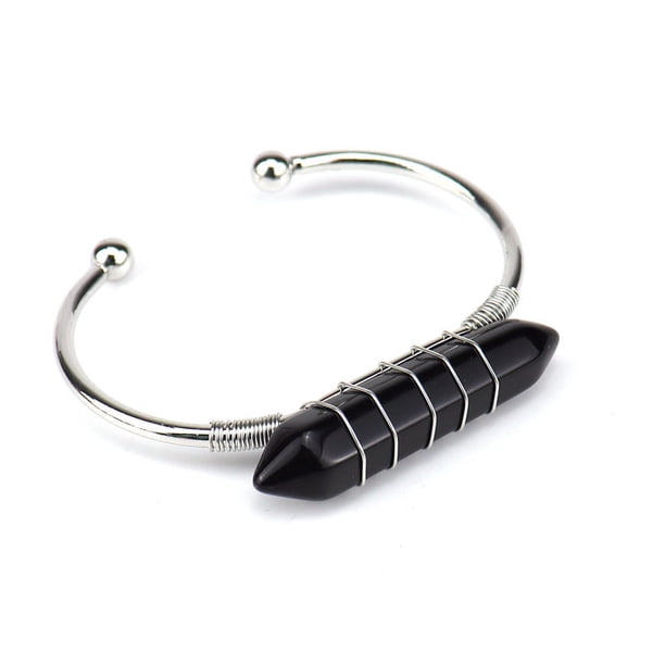 Xiao Hua Pulsera de cuentas hecha a mano, ideal para hombres y mujeres, hecha a mano, con alambre de cobre y plata, con piedra natural y prisma hexagonal abierto (negro)