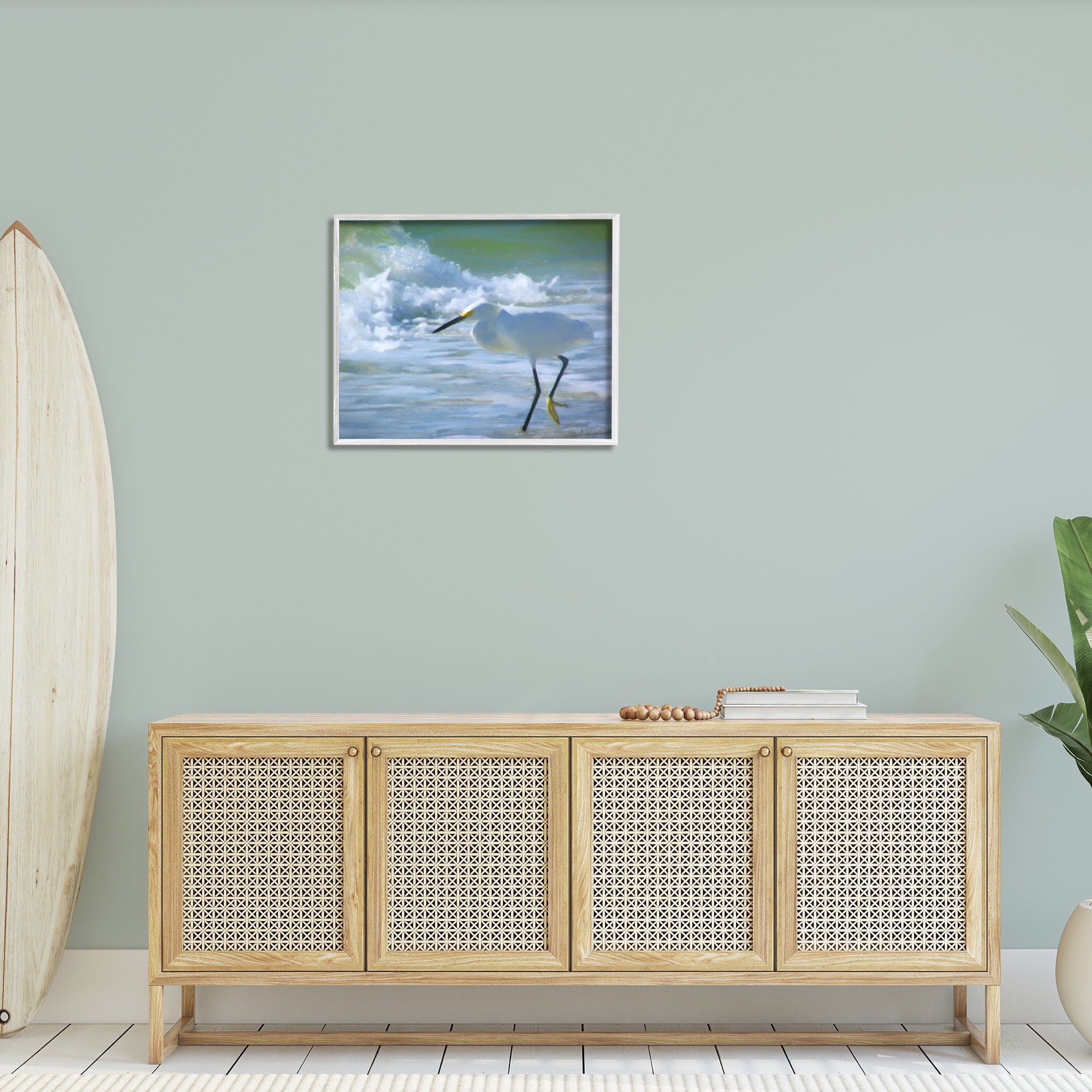 Stupell Industries Egret in Splashing Waves Landscape Painting White Framed Art Print Wall Art, 30 x 24