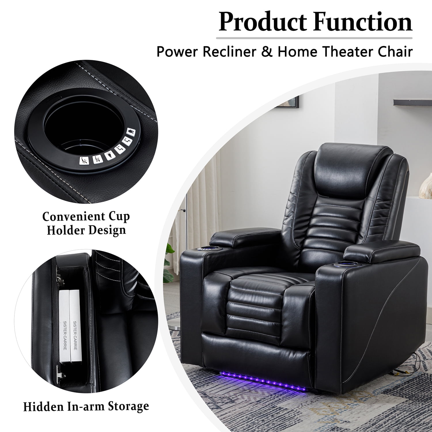 Kadyn Power Motion Recliner, PU Leather Recliner Chair with Adjustable Headrest, Modern Home Theater Seating with Hidden Arm Storage and Cup Holder Design, Black Kadyn Power Motion Recliner, PU Leather Recliner Chair with Adjustable Headrest, Modern Home Theater Seating with Hidden Arm Storage and Cup Holder Design, Black