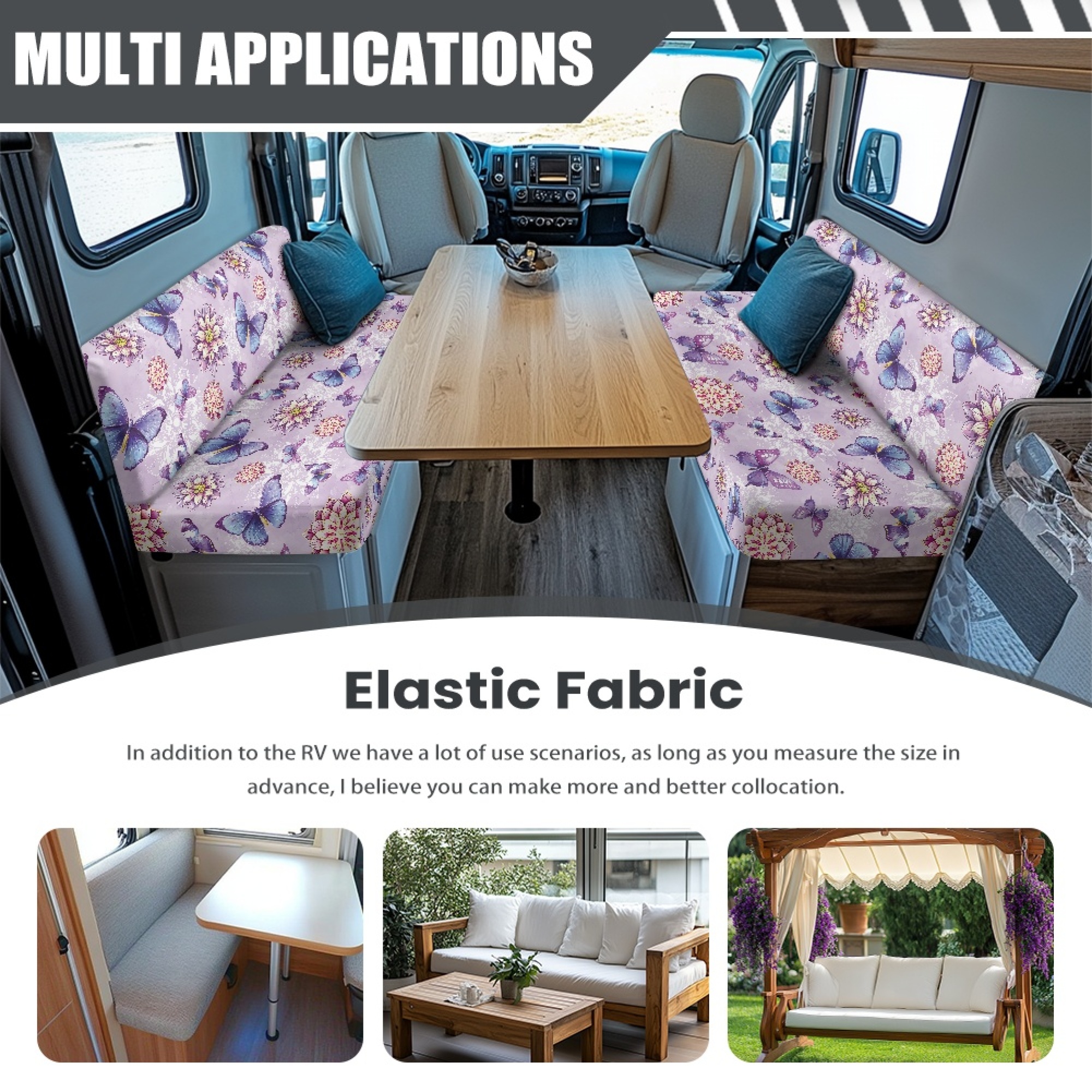 FOR U DESIGNS Boho Mandala Butterfly Purple Pattern 2 Pcs RV Dinette Cushion Covers Anti-Slip Camper Cushion Slipcover Stretch 2 Seat Sofa Chair Cover 1 Backrest Covers and 1 Bench Covers